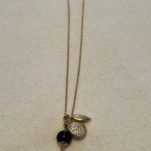 LOFT Gold Tone Charm Necklace w/Black Bead, Rhinestone Disk - 16 -18 inches